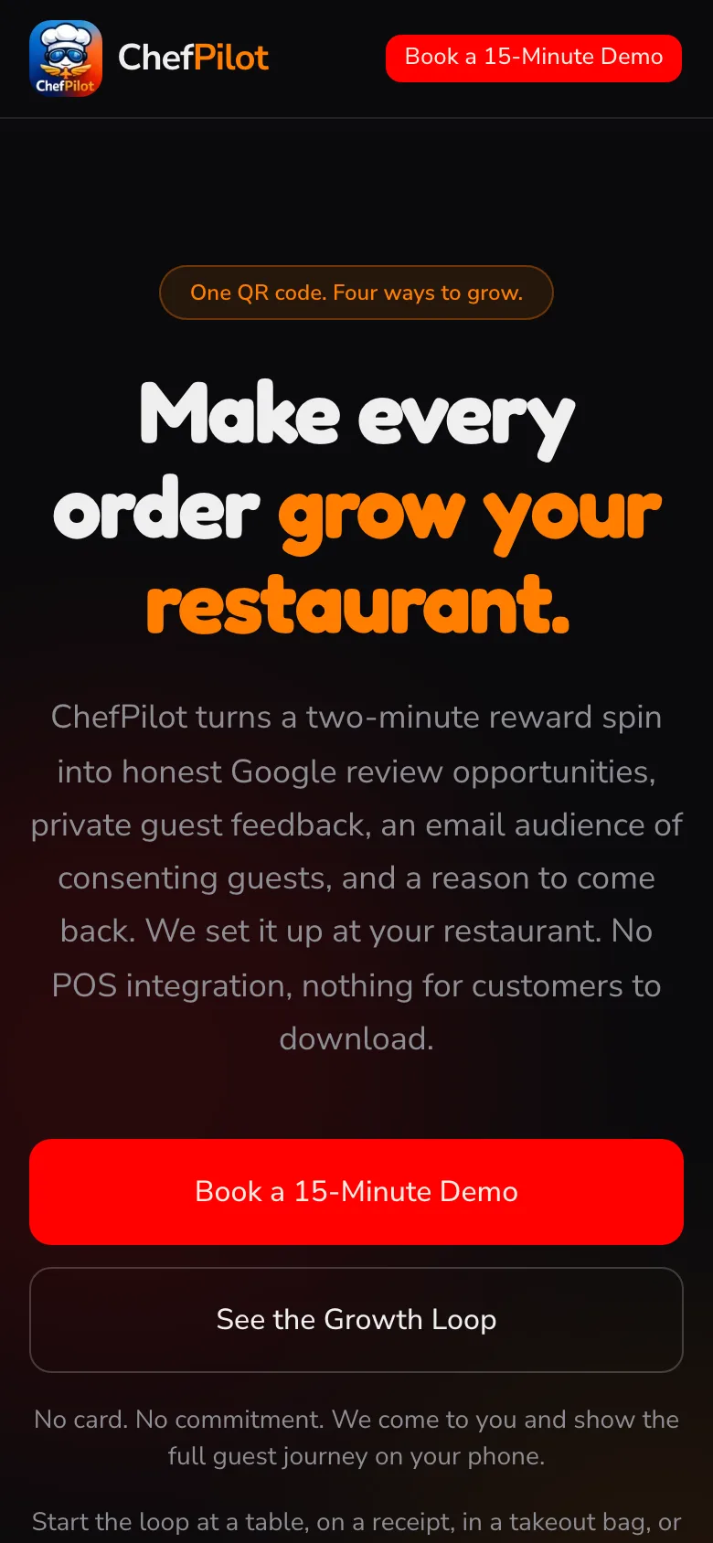 ChefPilot website on a phone: the home page hero
