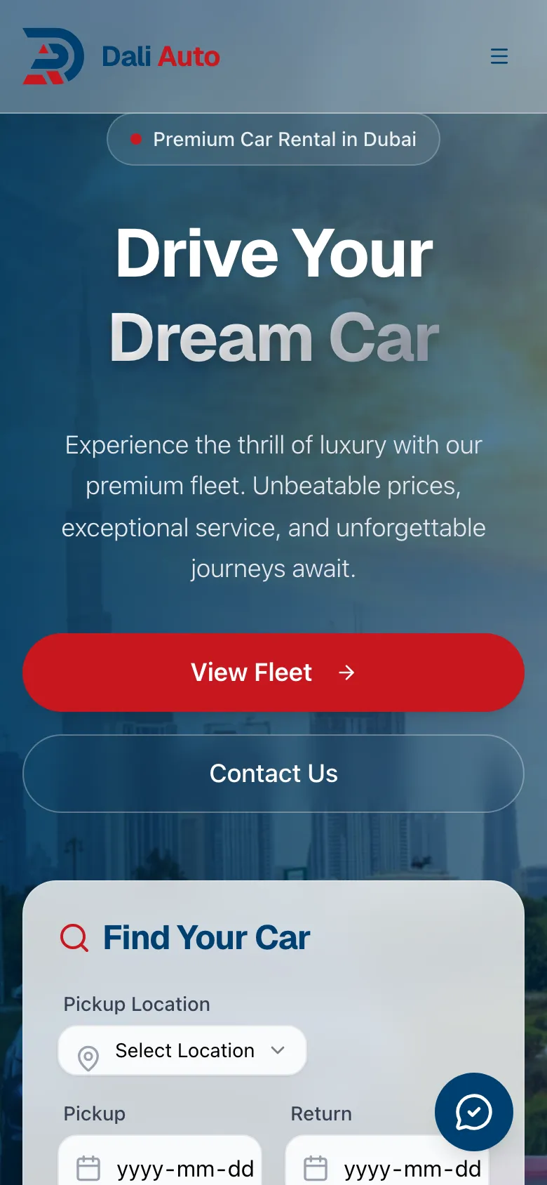 Dali Auto Rental website on a phone: the home page hero